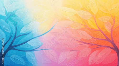 Elegant Multicolored Artwork of Two Trees with Leaves Blending in a Beautiful Gradient Background