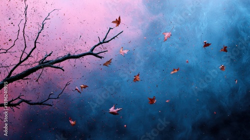 Elegant Artwork of Multicolored Leaves Falling from a Tree Against a Stunning Gradient Background