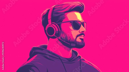 Vibrant Digital Illustration of a Cool Telemarketer with Stylish Headset on Bold Pink Background