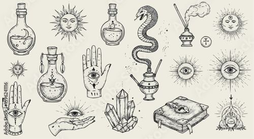 Intricate illustration featuring mystical symbols, including suns, eyes, and potions.