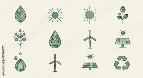Collection of simple, stylized icons representing sustainable energy and environmental themes.