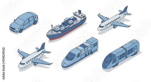 Isometric illustration showcasing various modes of transportation, including cars, ships, and airplanes.