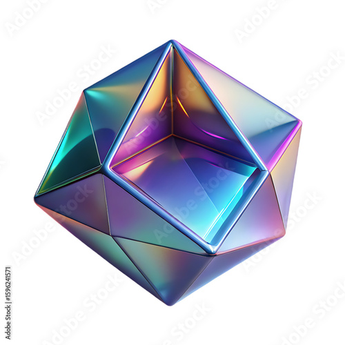 3D rendering: Abstract transparent iridescent geometric crystal shape.