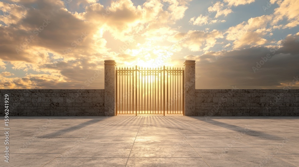 Majestic Golden Gates with Blazing Sunrise and Dramatic Clouds at Heaven's Entrance Majestic Golden Gates with Blazing Sunrise and Dramatic Clouds at Heaven's Entrance