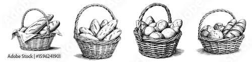 Vintage black pen sketch close up of bakery products and ingredients on white background, Bread basket, Wooden basket with baked goods  