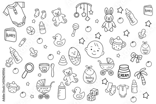 Seamless black and white doodle pattern with baby items – toys, bottles, stroller, pacifier, teddy bear, baby clothes, and care accessories. Hand drawn vector background for packaging or textile