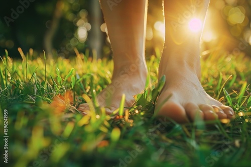 Barefoot Serenity Walking on Grass Bathed in Sunlight Experiencing Nature's Gentle Embrace and Reconnecting with the Earth