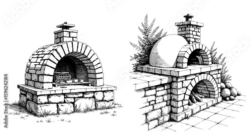 Vintage black pen sketch close up of stone ovens 