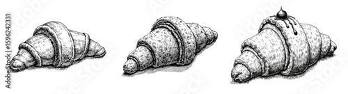Vintage black pen sketch close up of bakery products and ingredients on white background, Croissant, Croissant with chocolate  