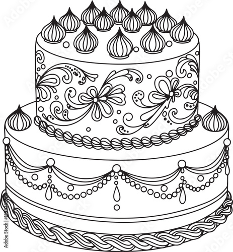 Elegant two tiered wedding cake outline with ornate floral and decorative details
