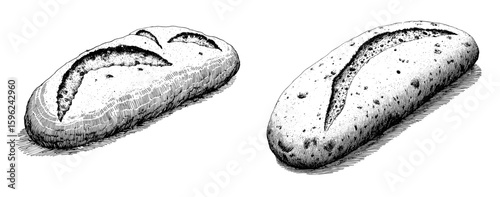 Vintage black pen sketch close up of bread loaf and bakery products  