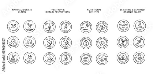 Healthy Food Icons and Emblems. Line Art Badge Set for Certified Organic Claims, Packaging, Branding