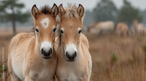 Twin foals standing closely together in a serene natural setting during early morning light