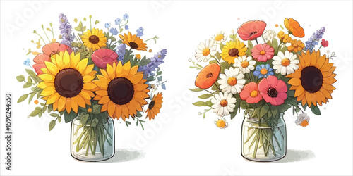 Art of two floral bouquets isolated on white background