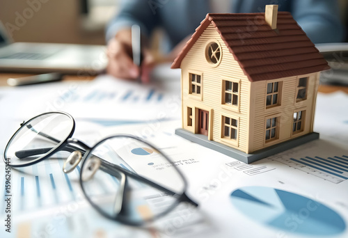 Small wooden house model beside eyeglasses on reports in office during daytime