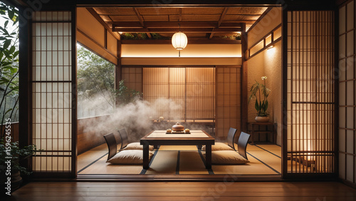 Serene japanese tea room interior design with table setting and lantern lighting