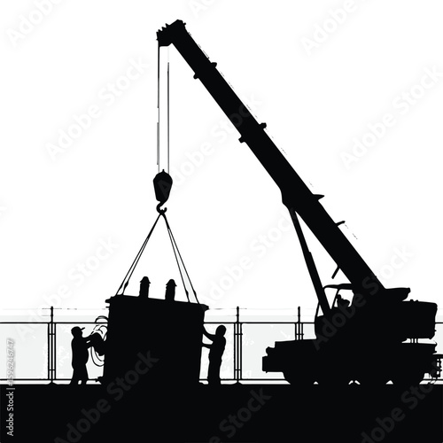 Silhouette of workers and crane lifting heavy equipment at construction site vector