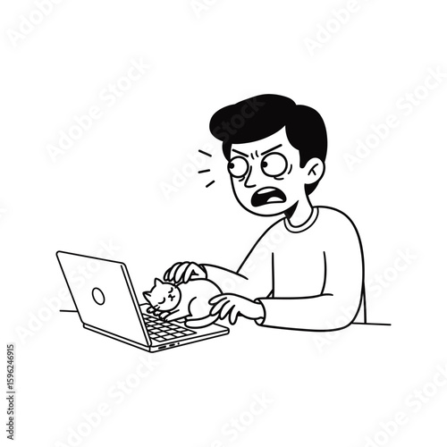 Frustrated man yelling at cat sleeping on laptop keyboard work from home problems funny illustration