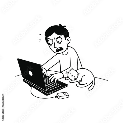 Frustrated man working on laptop with sleeping cat nearby black and white illustration