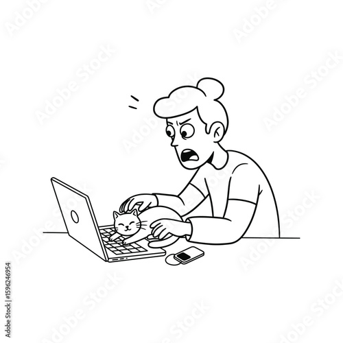 Frustrated woman working on laptop with cat disrupting workflow  black and white illustration