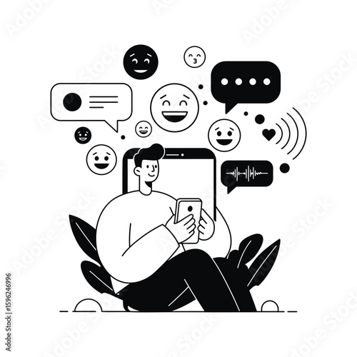 Man using smartphone surrounded by emojis and messages social media communication concept illustration