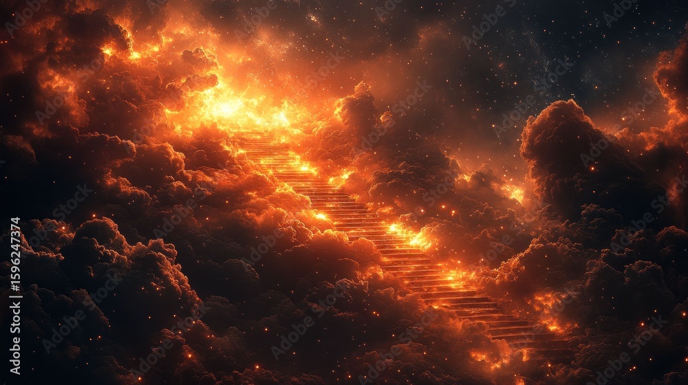 Naklejka premium Fiery celestial stairway through burning clouds