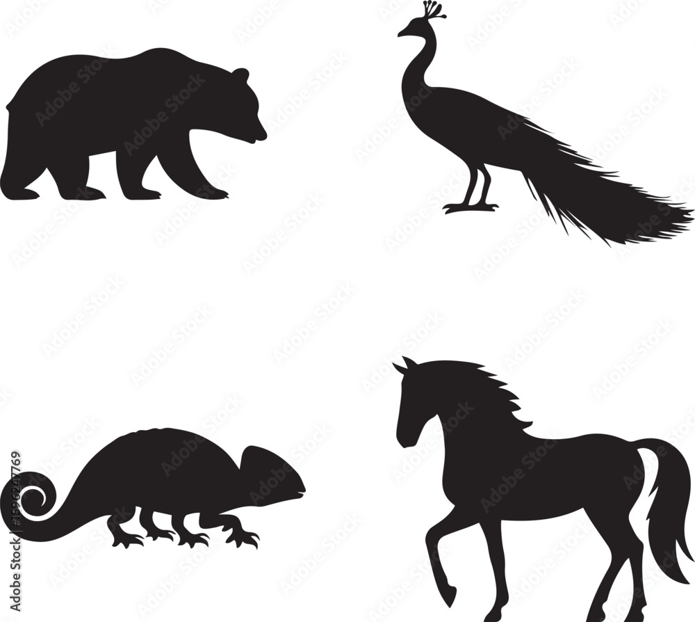 Obraz premium Wild animal silhouettes in a collection of running and isolated a bear, peacock, chameleon, and horse