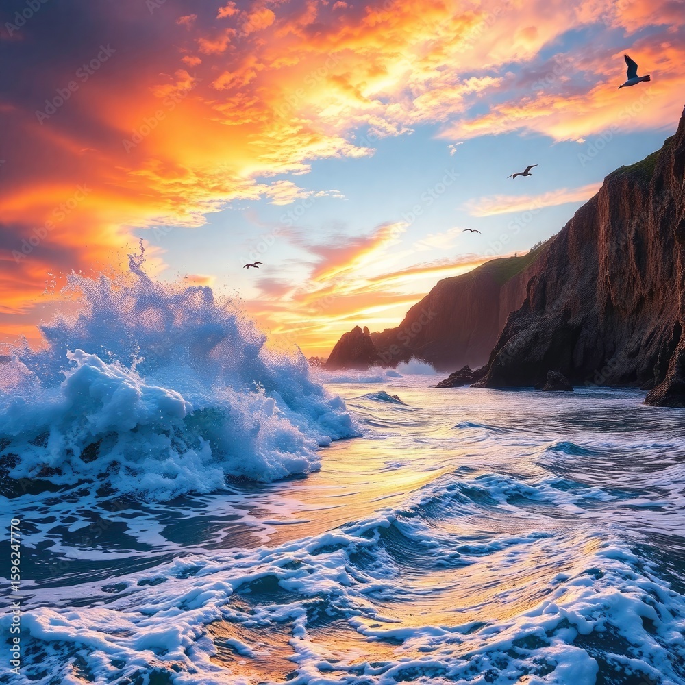 Fototapeta premium sunset and big ocean waves crashing against the cliffs
