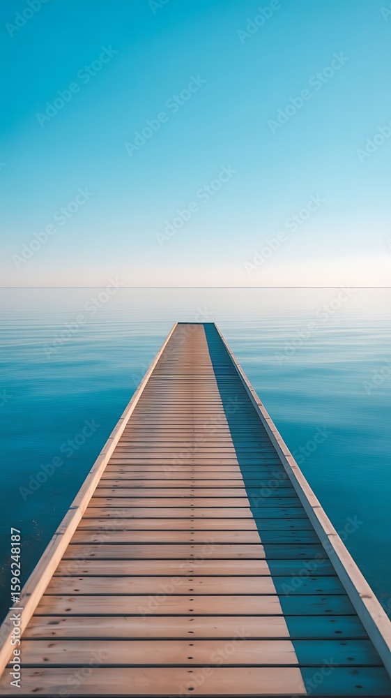 Fototapeta premium Serene Wooden Dock Extending into Calm Teal Ocean; Tranquil Summer Seascape; Minimalist Peaceful Blue Water Background; Horizontal Photography.