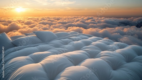 Floating bed above clouds at sunrise