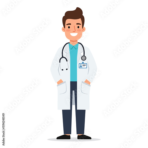 A smiling male doctor stands confidently, wearing a lab coat and stethoscope.