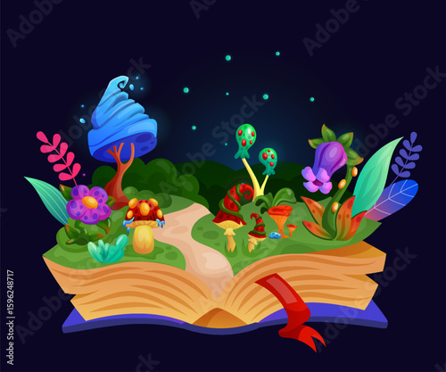 Magic open book. Fairy tale forest. Mystical mushroom and flower. Fantasy world. Kids imaginary story. Bright neon light. Fabulous meadow. Purple blossom. Imagination literature. Vector tidy cartoon
