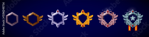 Game icon. Level 3D badge. Hexagon shield border. Cartoon award. Fantasy laurel frame in bronze, gold and silver metal. Trophy medal with victory star. Game interface button. Vector tidy elements set
