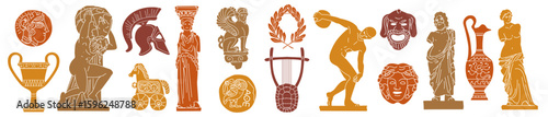 Greek vintage icons. Ancient culture stamps. Olive tree, amphora, warrior helmet, column. Retro mythology symbols. Mediterranean classic linocut. Women marble statues. Vector design isolated art set