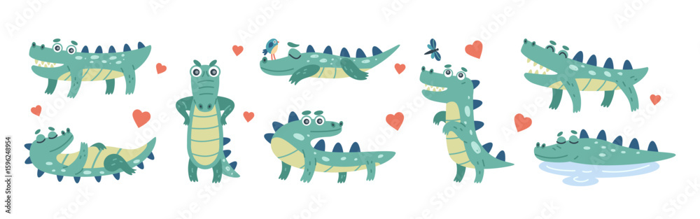 Fototapeta premium Cute crocodile. Alligator cartoon different actions. Jungle baby reptile, funny pose. Summer doodle zoo animal. Kids character nursery decoration, mascot drawing. Vector illustration tidy isolated set