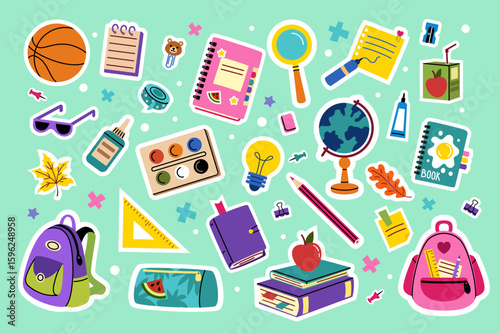 School supplies. Sticker cartoon stationery, kids learning. Pencil, brush, crayons for drawing, notebook. Children backpack and books. Cute accessories icon. Education symbol. Vector tidy isolated set
