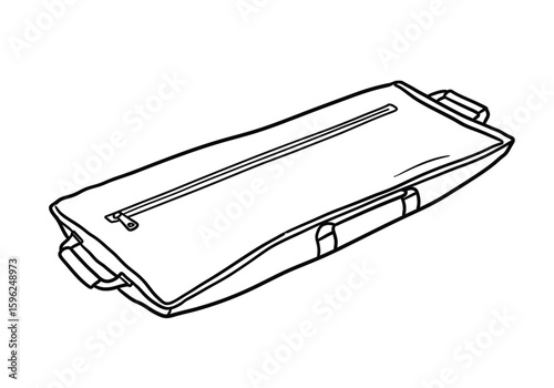 Dead body bag drawing. It is a black and white outline image of a body bag, often associated with crime scenes or forensic investigations. Vector sketch line art draw.