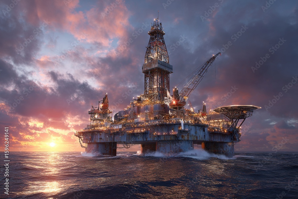 Obraz premium Offshore energy coordination: a sunset scene of innovation. Energy partnerships. China and russia forge stronger ties in global energy supply chain. Global energy shift. Energy collaboration.