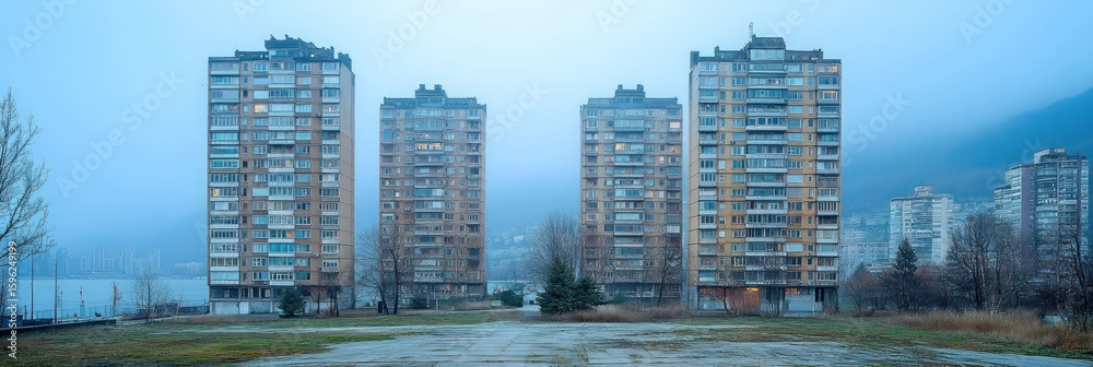 Obraz premium Foggy cityscape with apartment buildings