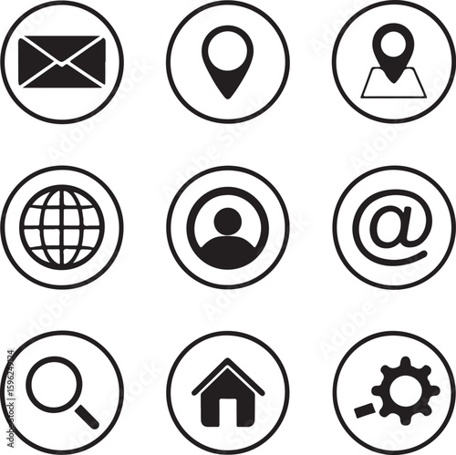 Black Circular UI Icons – Email, Map Pin, Home, Globe, User, Settings, Search, Contact Symbol