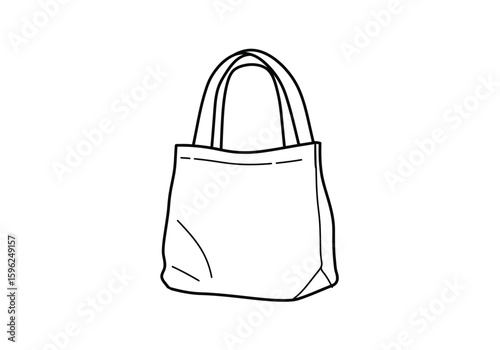 Cloth bag drawing. It is a black and white outline image of a reusable cloth bag or tote, promoting eco-friendly shopping and sustainability. Vector sketch line art draw.