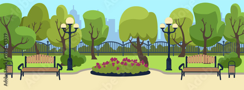 Park street. Urban background with bench and streetlights. Flowers and trees. Summer landscape. Grass lawn. Skyline city garden. Town nature. Outdoor seats with flashlights. Vector spring scenery view