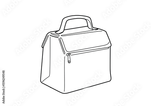 Lunch bag drawing. It is a black and white outline image of an insulated lunch bag, perfect for carrying meals and snacks. Vector sketch line art draw.