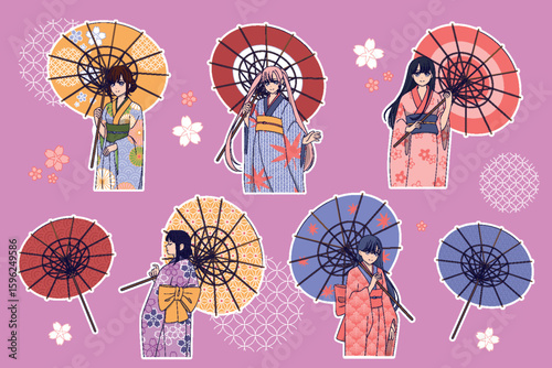 Anime girl with umbrella. Chinese sticker charm. Manga in Japanese style. Colorful kimono outfit. Paper parasol. Sakura flower. Traditional Asian geisha costume. Hanami holiday dress. Vector women set