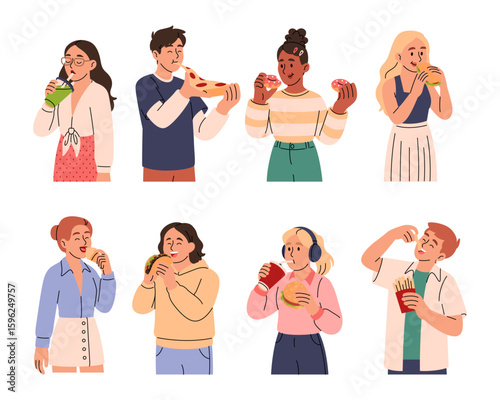 People chew food. Character having lunch. Office snacks. Tasty outdoor meal. Man and woman eating fastfood on go. Enjoy break with sandwich and cola drink. Unhealthy burger. Vector illustrations set