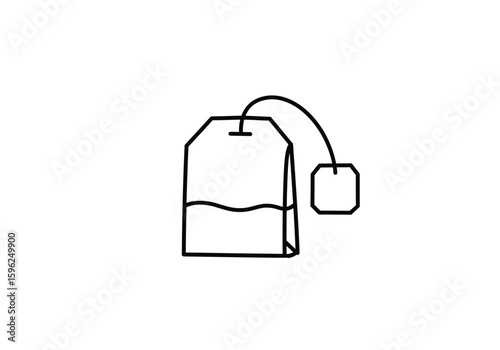 Tea bag drawing. It is a black and white outline image of a tea bag with its string and tag, ready for brewing a warm beverage. Vector sketch line art draw.