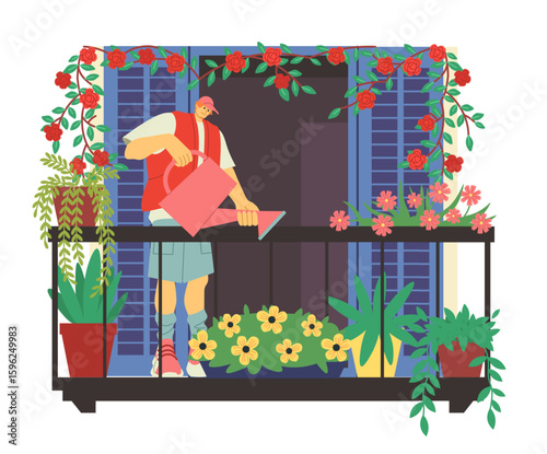 City building. Man watering flowers. Home balcony. Guy caring of plants in flowerpots House garden terrace. Summer domestic gardening. Apartment window. Young gardener growing blossoms. Vector concept