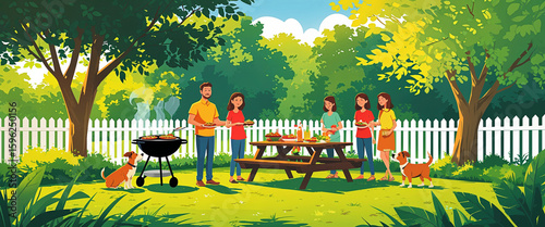 Cheerful family and friends enjoying a summer barbecue in a lush green backyard