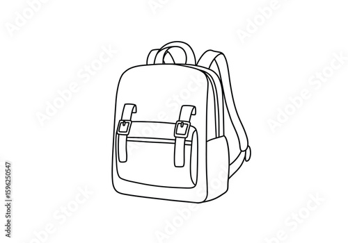 Book bag drawing. It is a black and white outline image of a book bag or backpack, typically used by students for carrying books and supplies. Vector sketch line art draw.