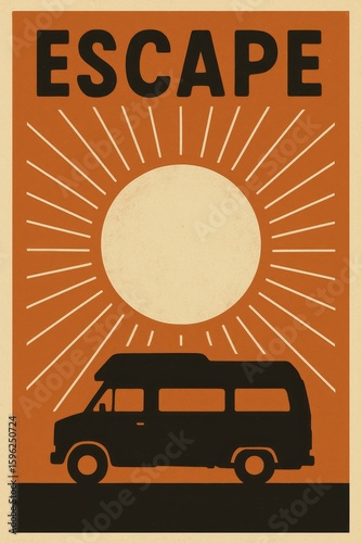 Vintage road trip poster with camper van under bold sun rays, ideal for travel, freedom, and adventure themes.

